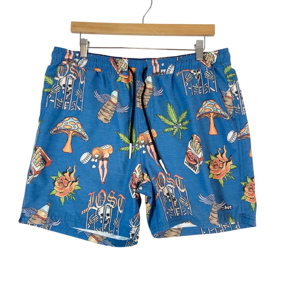 LOST‎ Board Shorts Surf Swim Trunks Men's L Tattoo 420 Skull Shroom Hippie Core